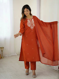Rust Orange Chanderi Silk Embroidered Suit Set