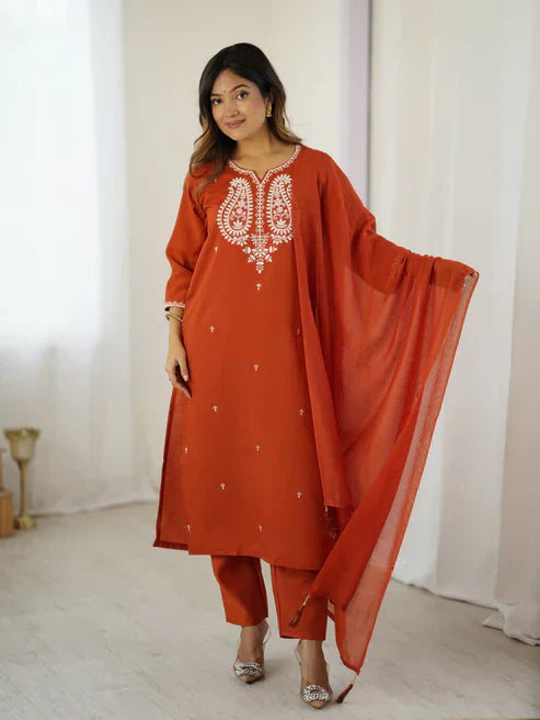 Rust Orange Chanderi Silk Embroidered Suit Set