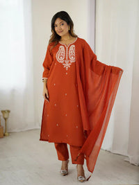 Rust Orange Chanderi Silk Embroidered Suit Set