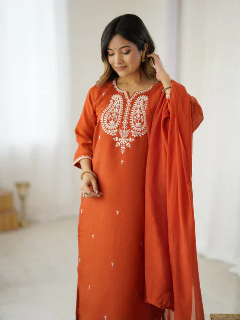 Rust Orange Chanderi Silk Embroidered Suit Set
