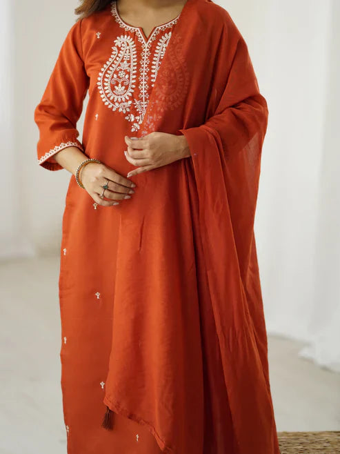 Rust Orange Chanderi Silk Embroidered Suit Set