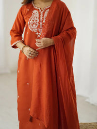Rust Orange Chanderi Silk Embroidered Suit Set