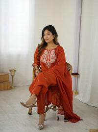 Rust Orange Chanderi Silk Embroidered Suit Set