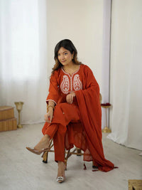 Rust Orange Chanderi Silk Embroidered Suit Set