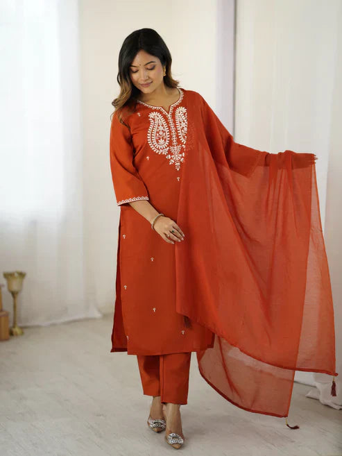 Rust Orange Chanderi Silk Embroidered Suit Set