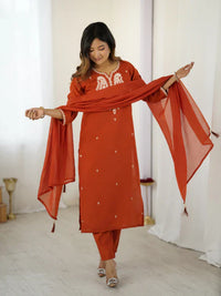 Rust Orange Chanderi Silk Embroidered Suit Set