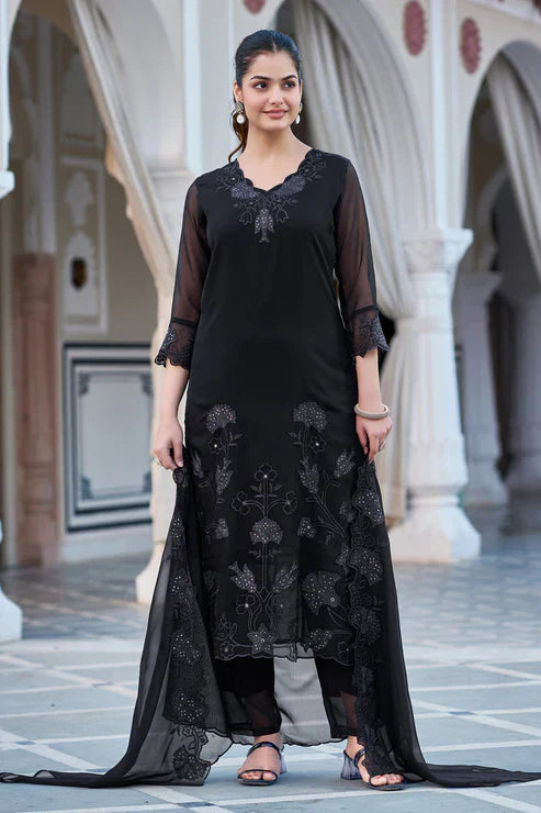 Black Georgette Embroidered Suit Set