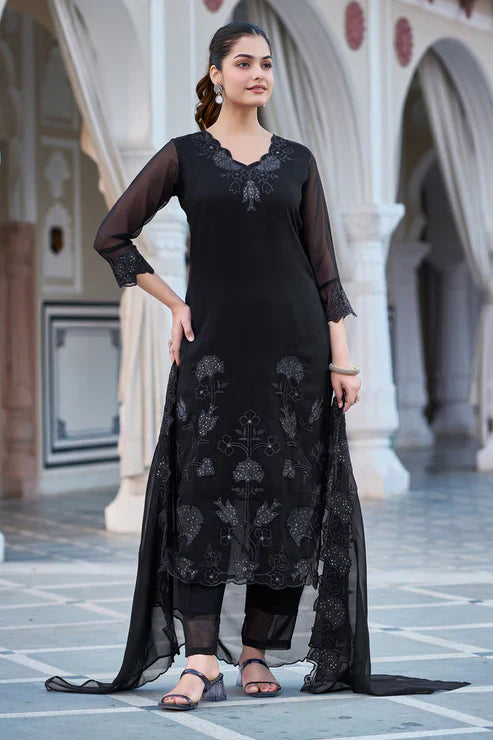 Black Georgette Embroidered Suit Set