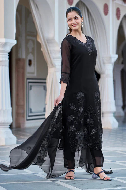 Black Georgette Embroidered Suit Set