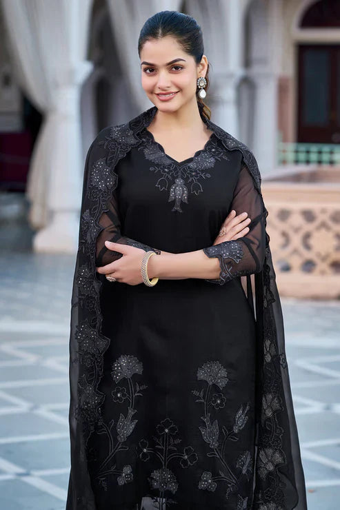Black Georgette Embroidered Suit Set