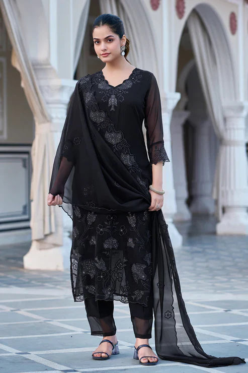 Black Georgette Embroidered Suit Set