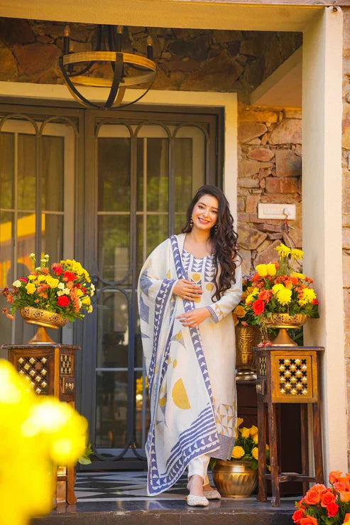 Elegant Off White Muslin Printed Suit Set