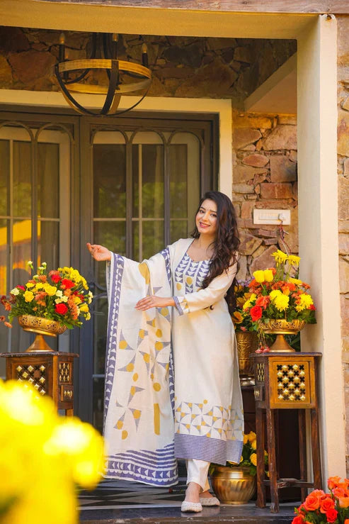 Elegant Off White Muslin Printed Suit Set