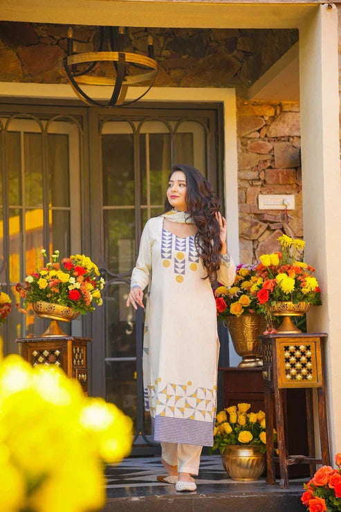 Elegant Off White Muslin Printed Suit Set