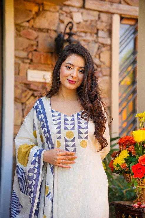 Elegant Off White Muslin Printed Suit Set