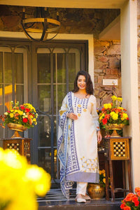 Elegant Off White Muslin Printed Suit Set