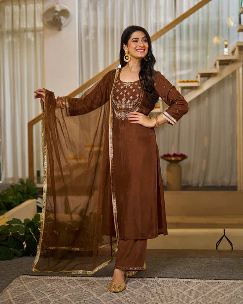 Rich Coffee Brown Vichitra Silk Embroidered Salwar Suite