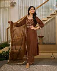 Rich Coffee Brown Vichitra Silk Embroidered Salwar Suite