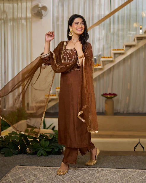 Rich Coffee Brown Vichitra Silk Embroidered Salwar Suite