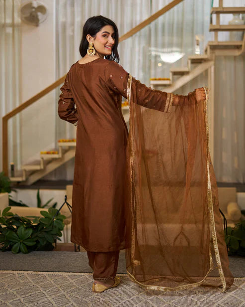 Rich Coffee Brown Vichitra Silk Embroidered Salwar Suite
