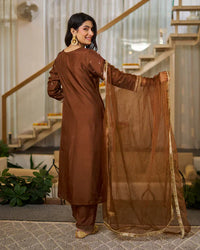 Rich Coffee Brown Vichitra Silk Embroidered Salwar Suite