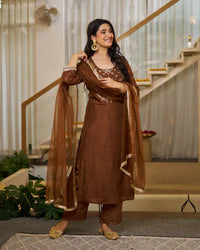Rich Coffee Brown Vichitra Silk Embroidered Salwar Suite