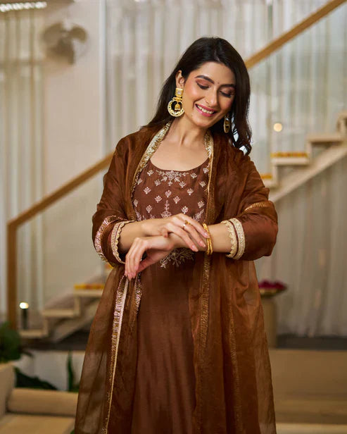 Rich Coffee Brown Vichitra Silk Embroidered Salwar Suite