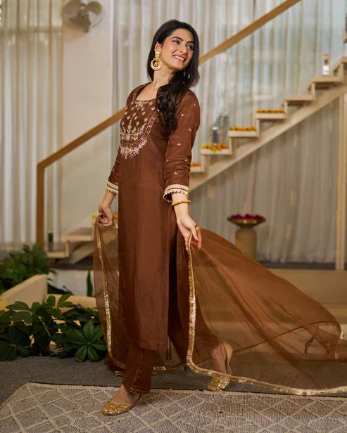 Rich Coffee Brown Vichitra Silk Embroidered Salwar Suite