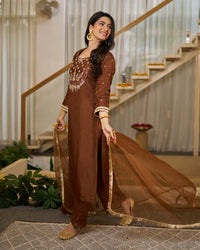 Rich Coffee Brown Vichitra Silk Embroidered Salwar Suite
