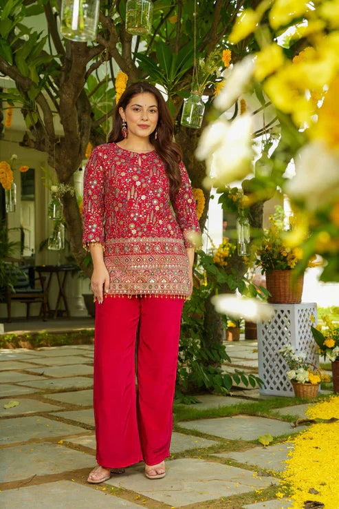Red Embroidered Heavy Crepe Silk Kurta Pant Set