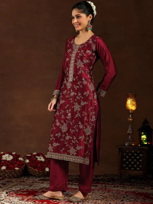 Wine Embroidered Vichitra Silk Suit Set