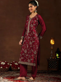 Wine Embroidered Vichitra Silk Suit Set