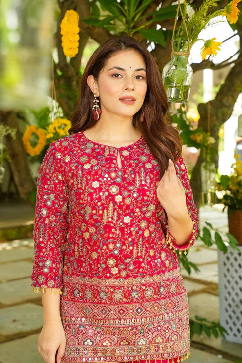 Red Embroidered Heavy Crepe Silk Kurta Pant Set