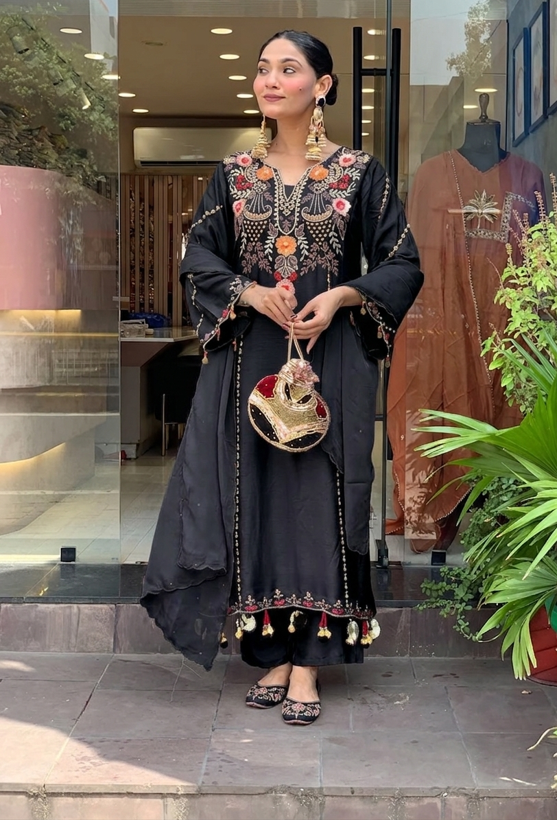 Black Chanderi Embroidered Kurti Set