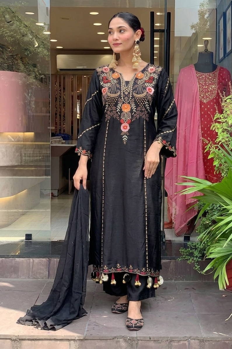 Black Chanderi Embroidered Kurti Set