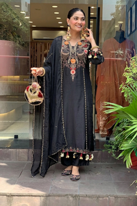 Black Chanderi Embroidered Kurti Set