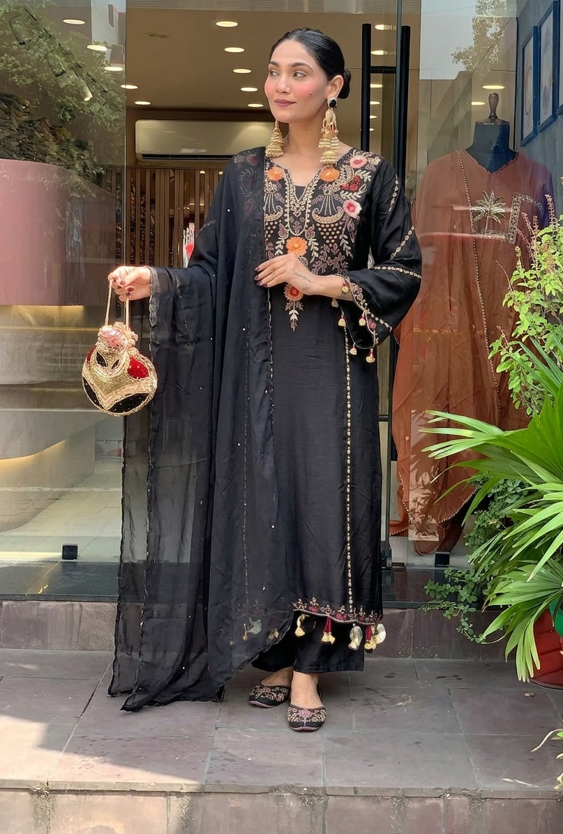 Black Chanderi Embroidered Kurti Set