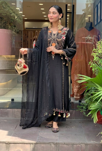Black Chanderi Embroidered Kurti Set