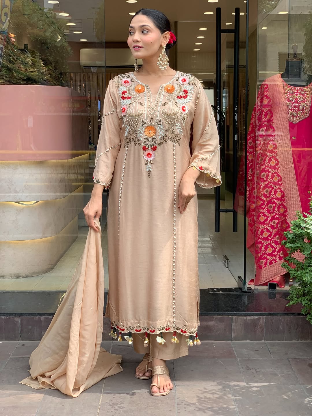 Cream Chanderi Embroidered Kurti Set