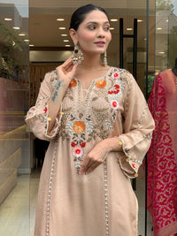 Cream Chanderi Embroidered Kurti Set