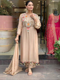 Cream Chanderi Embroidered Kurti Set
