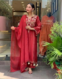 Maroon Chanderi Embroidered Kurti Set