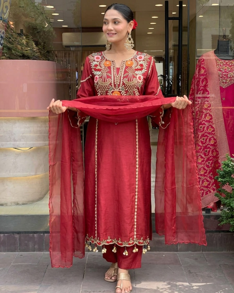 Maroon Chanderi Embroidered Kurti Set