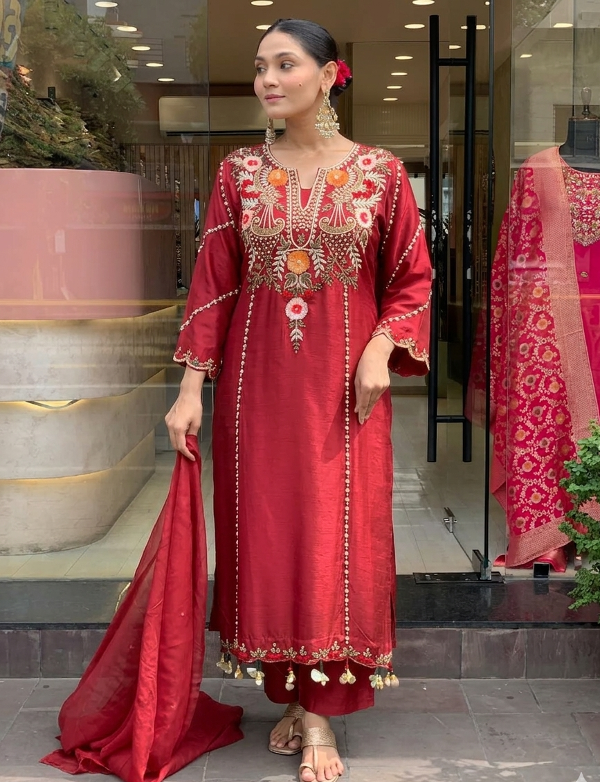 Maroon Chanderi Embroidered Kurti Set