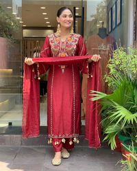 Maroon Chanderi Embroidered Kurti Set