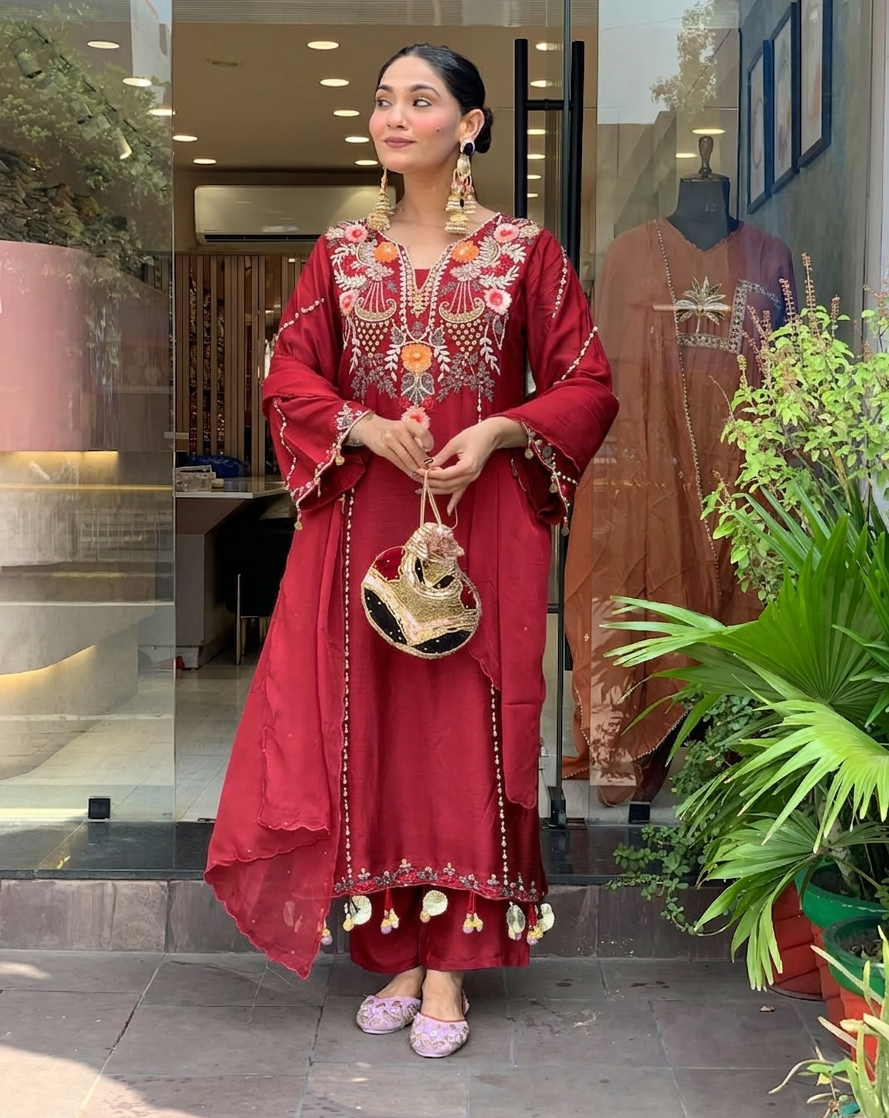 Maroon Chanderi Embroidered Kurti Set