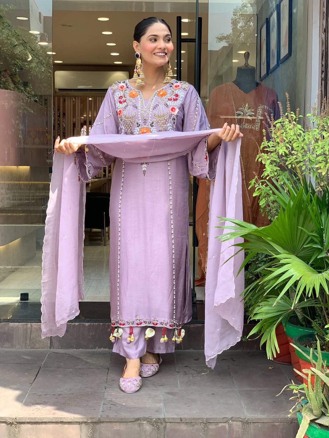 Onion Chanderi Embroidered Kurti Set