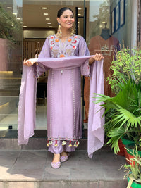 Onion Chanderi Embroidered Kurti Set