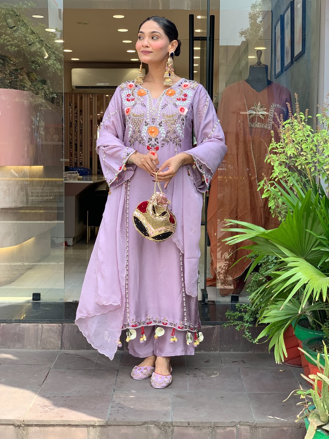 Onion Chanderi Embroidered Kurti Set