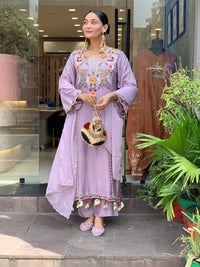 Onion Chanderi Embroidered Kurti Set